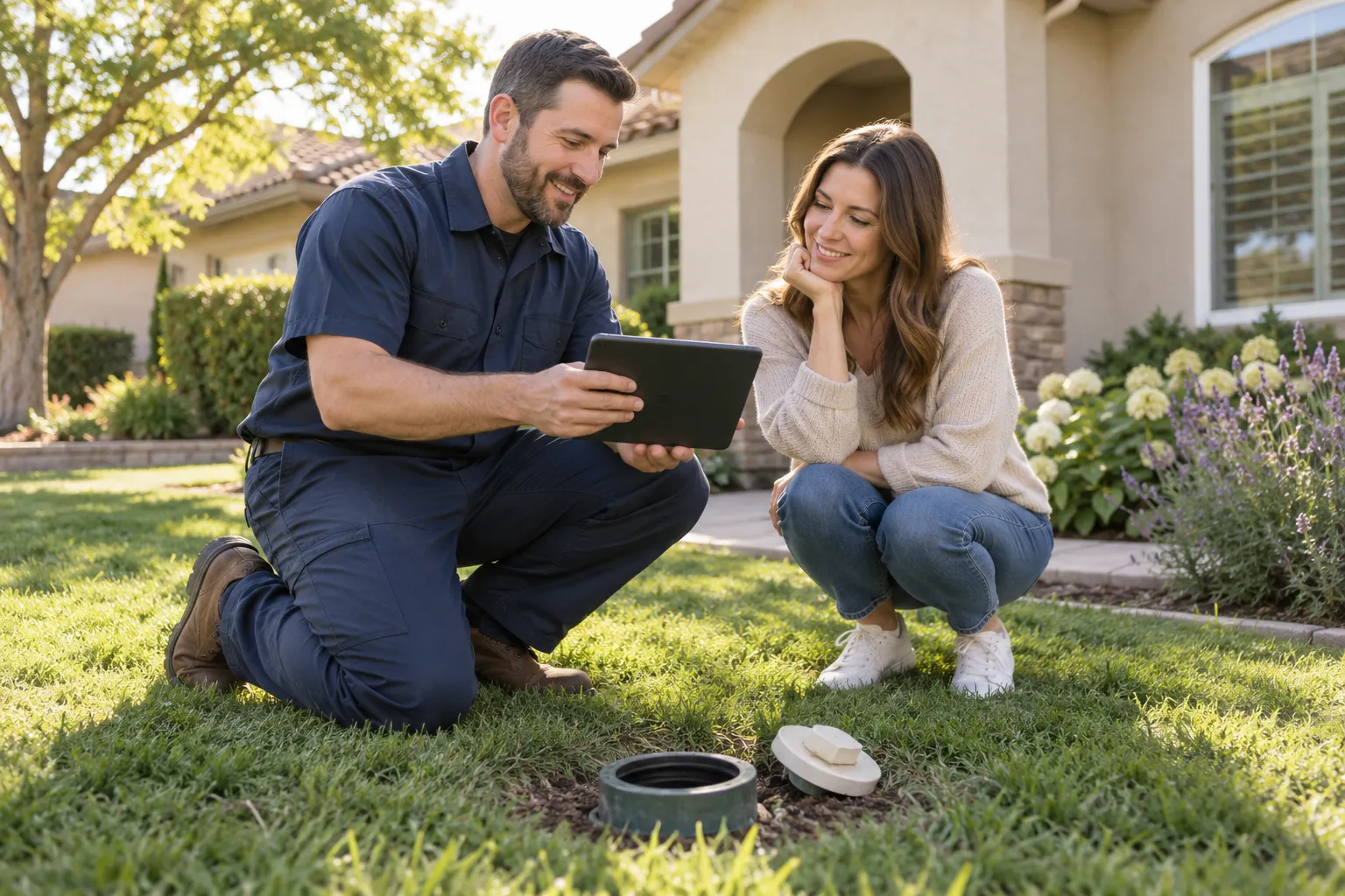 A provider explaining a drain repair option to a homeowner near Antioch